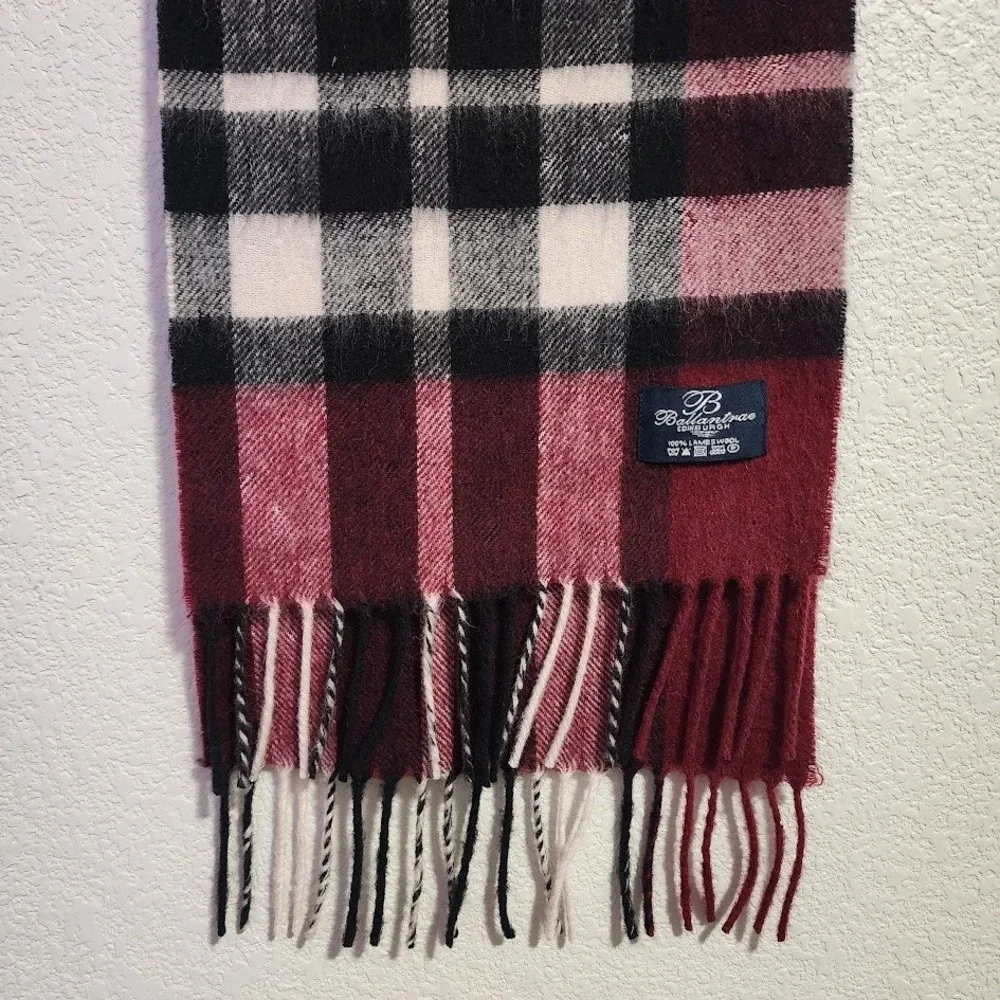 BALLANTRAE EDINBURGH Plaid Lambswool‎ Scarf Burgundy Check Fringe